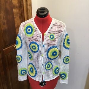 Breckenridge White Cardigan with Blue and Green Accents, size SP, NWT